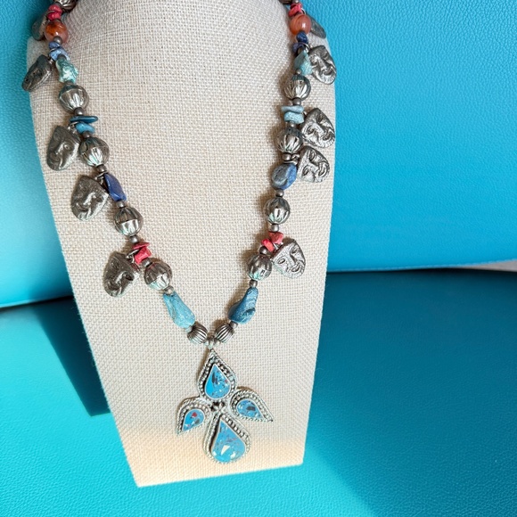 Angel Turquoise Angel Cross Pendant Necklace with Pewter Mask Beads - Picture 3 of 8